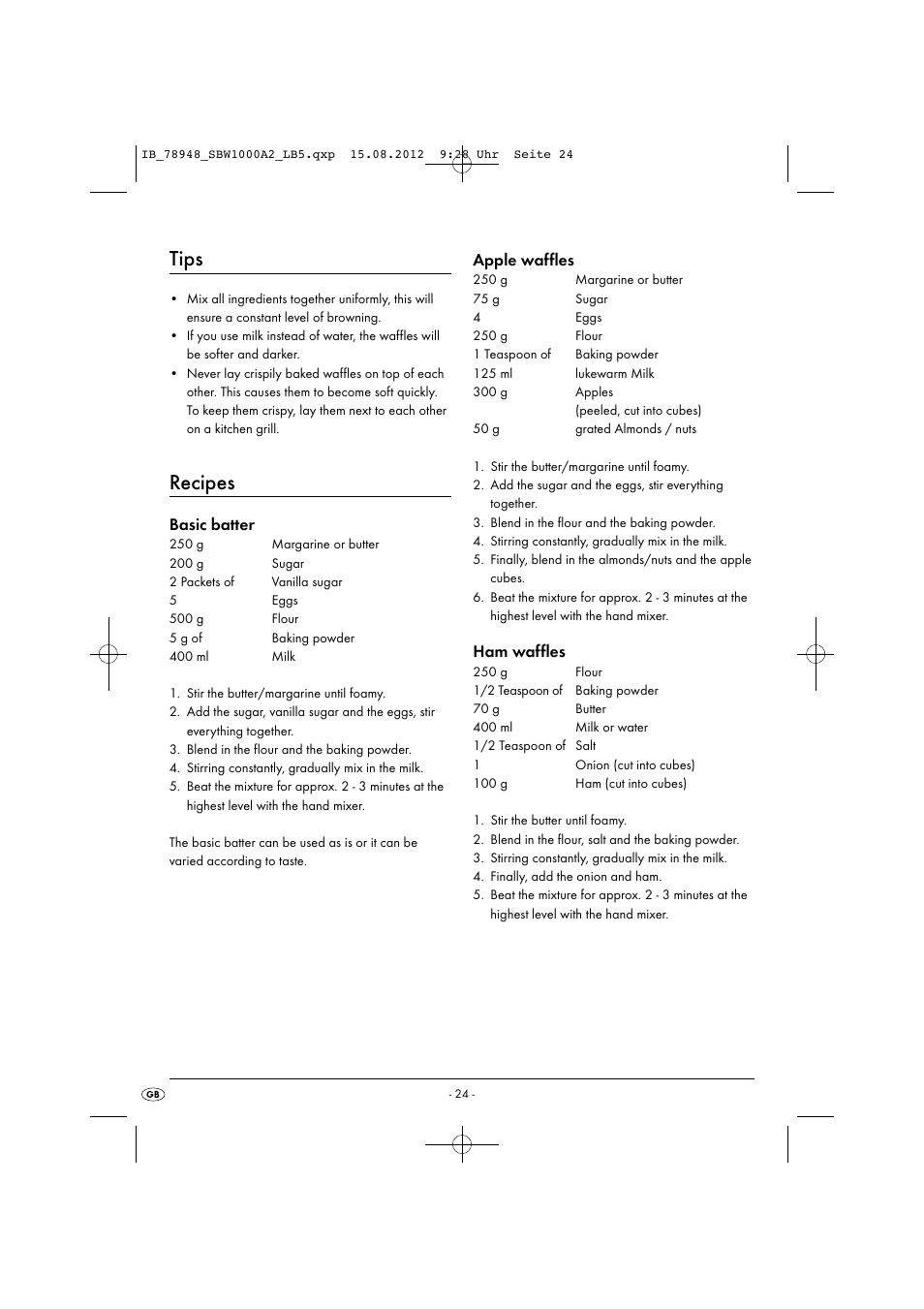 Tips, Recipes, Basic batter | Apple waffles, Ham waffles | Silvercrest SBW 1000 A2 User Manual | Page 26 / 33