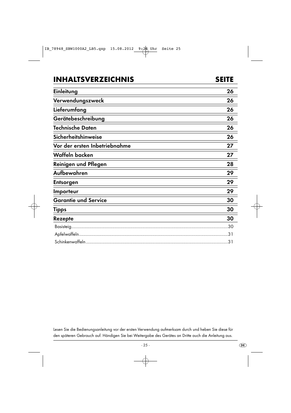 Inhaltsverzeichnis seite | Silvercrest SBW 1000 A2 User Manual | Page 27 / 33
