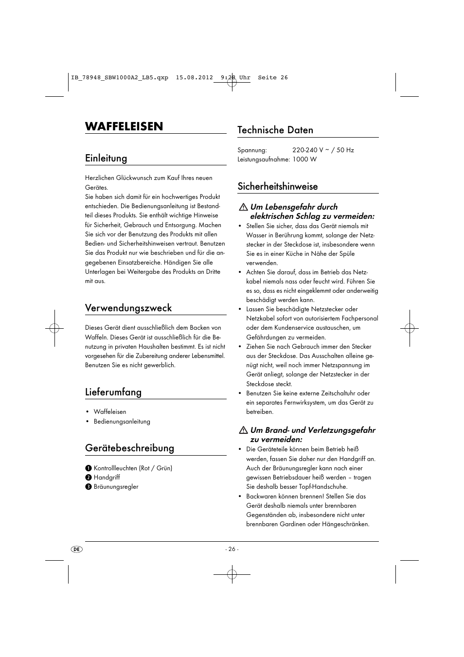 Waffeleisen, Einleitung, Verwendungszweck | Lieferumfang, Gerätebeschreibung, Technische daten, Sicherheitshinweise | Silvercrest SBW 1000 A2 User Manual | Page 28 / 33