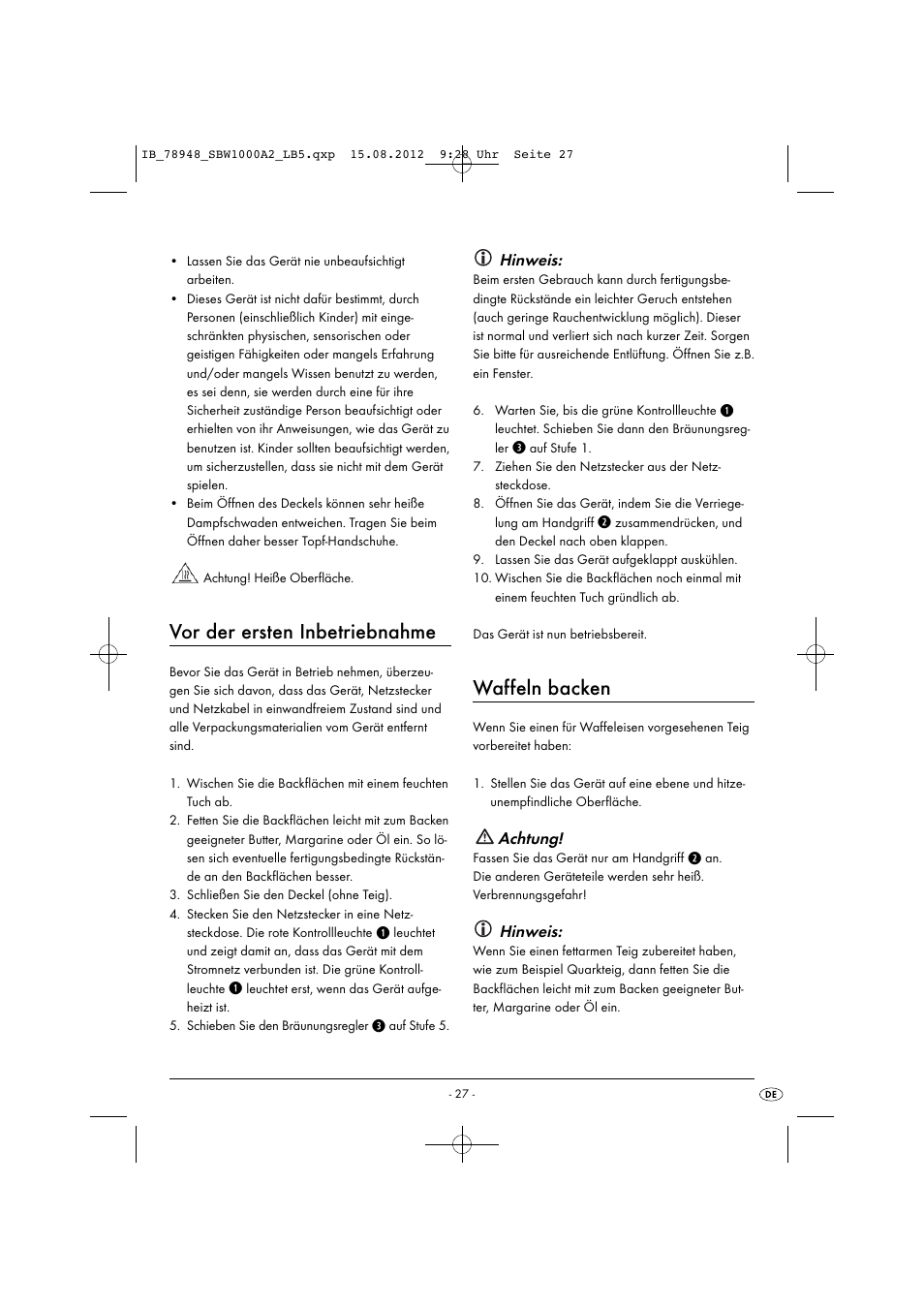 Vor der ersten inbetriebnahme, Waffeln backen, Hinweis | Achtung | Silvercrest SBW 1000 A2 User Manual | Page 29 / 33