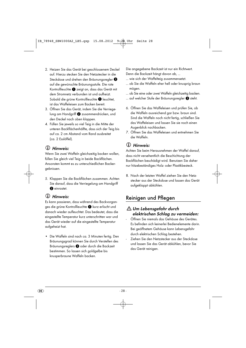 Reinigen und pflegen, Hinweis | Silvercrest SBW 1000 A2 User Manual | Page 30 / 33
