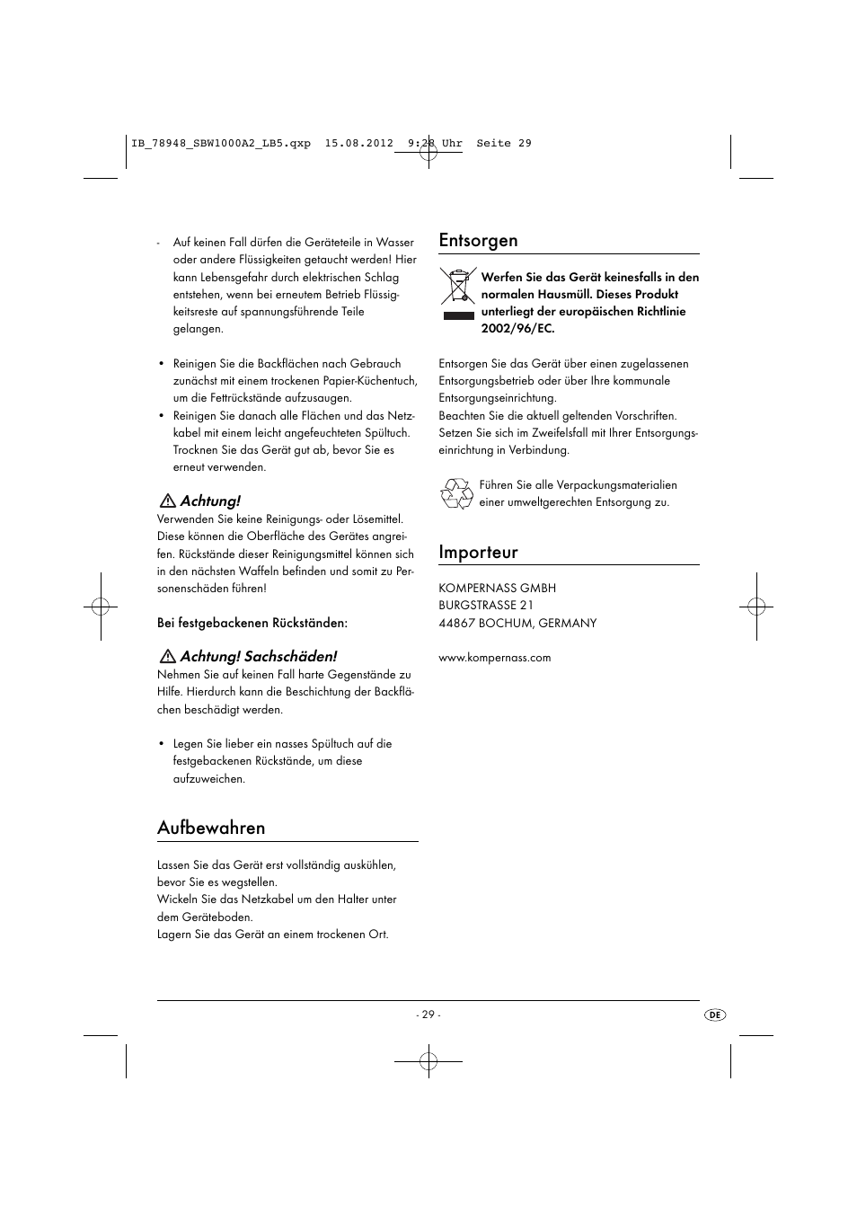 Aufbewahren, Entsorgen, Importeur | Silvercrest SBW 1000 A2 User Manual | Page 31 / 33