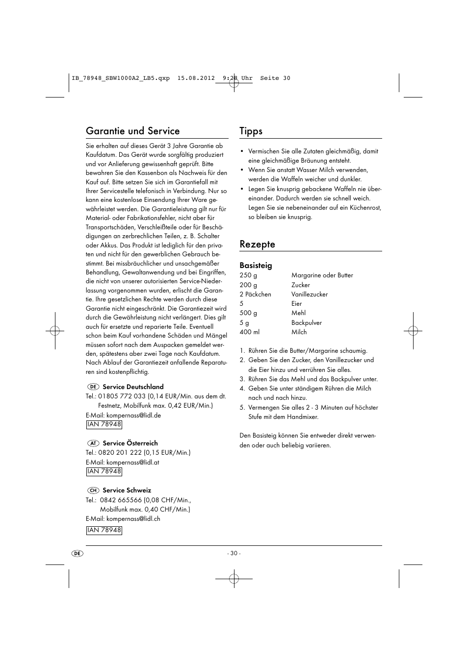 Garantie und service, Tipps, Rezepte | Basisteig | Silvercrest SBW 1000 A2 User Manual | Page 32 / 33