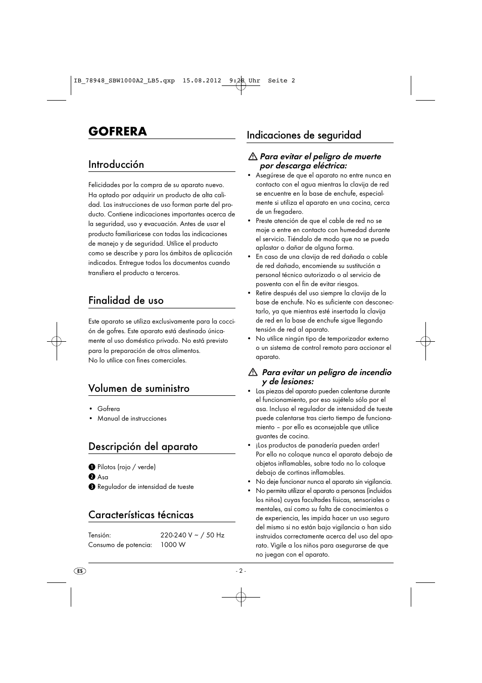 Gofrera, Introducción, Finalidad de uso | Volumen de suministro, Descripción del aparato, Características técnicas, Indicaciones de seguridad | Silvercrest SBW 1000 A2 User Manual | Page 4 / 33