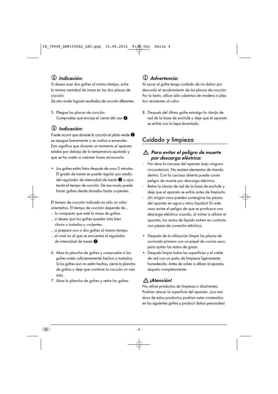 Cuidado y limpieza, Indicación, Advertencia | Atención | Silvercrest SBW 1000 A2 User Manual | Page 6 / 33
