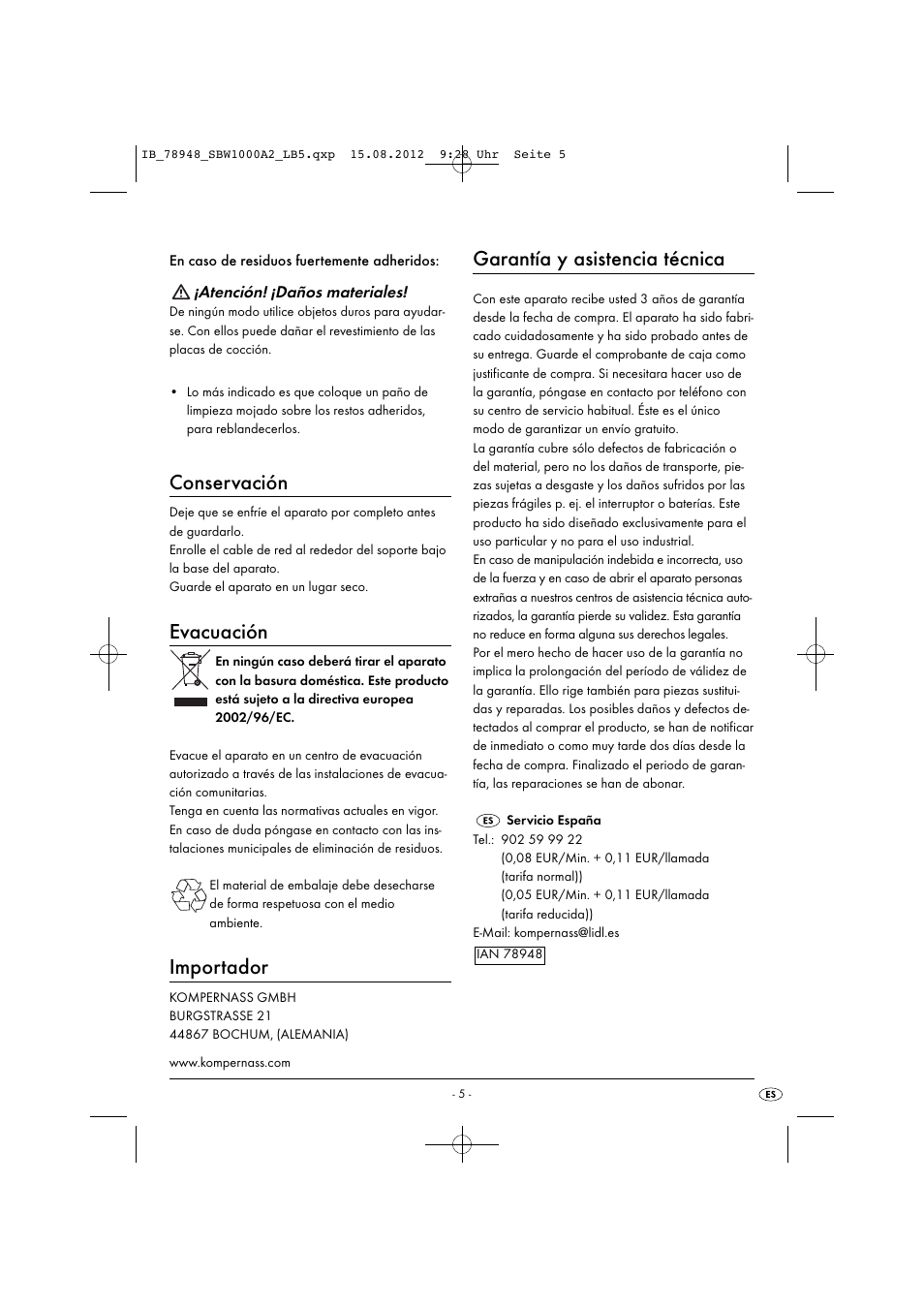 Conservación, Evacuación, Importador | Garantía y asistencia técnica | Silvercrest SBW 1000 A2 User Manual | Page 7 / 33
