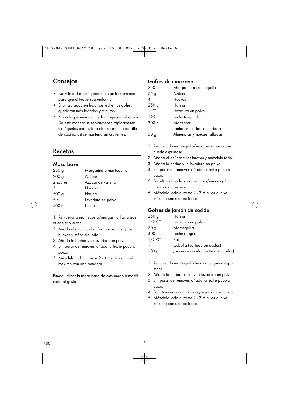 Consejos, Recetas, Masa base | Gofres de manzana, Gofres de jamón de cocido | Silvercrest SBW 1000 A2 User Manual | Page 8 / 33