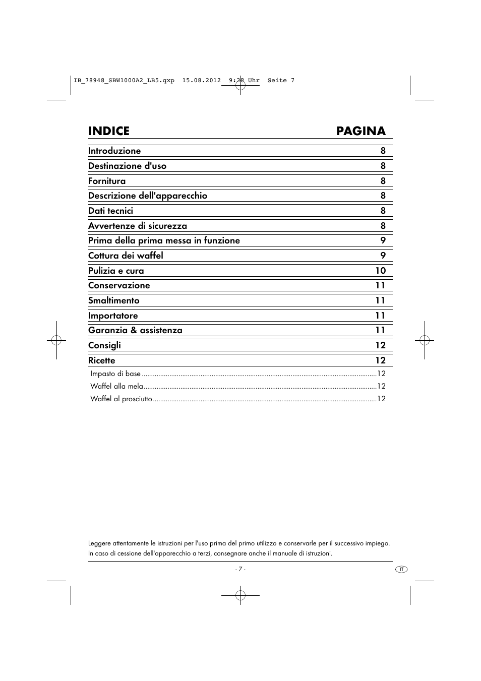 Indice pagina | Silvercrest SBW 1000 A2 User Manual | Page 9 / 33