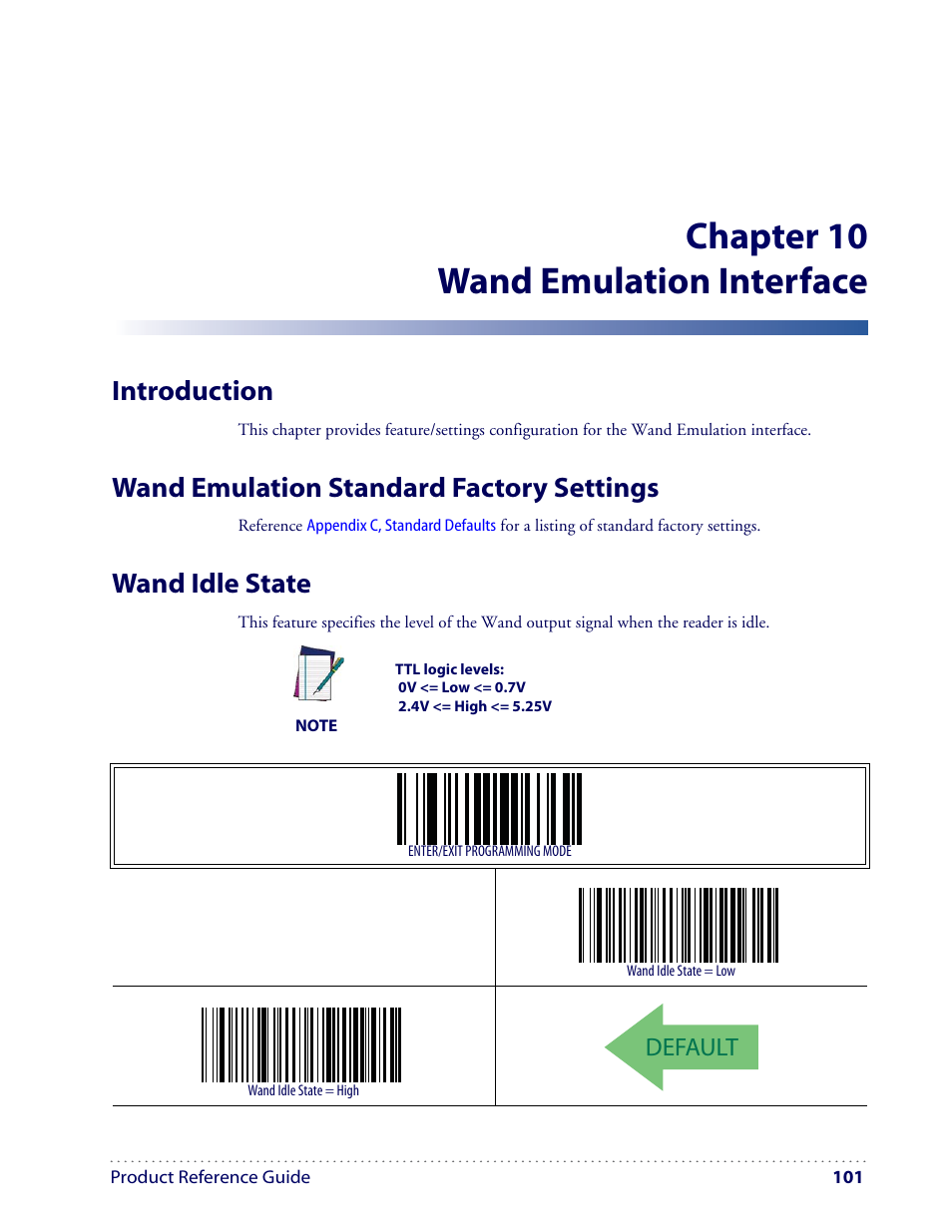 Chapter 10 wand emulation interface, Introduction, Wand emulation standard factory settings | Wand idle state, Default | Datalogic Scanning I GD4100 User Manual | Page 103 / 324