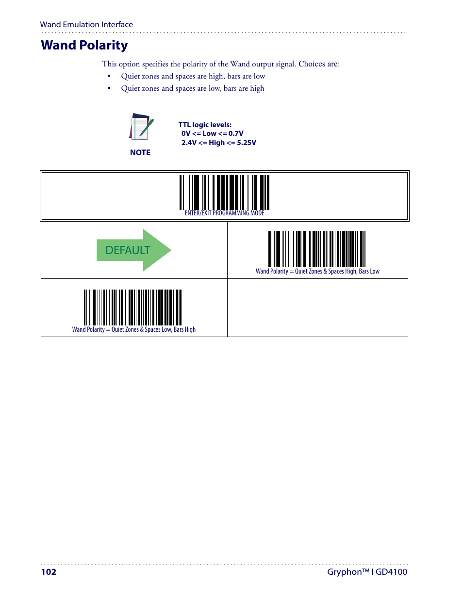 Wand polarity, Default | Datalogic Scanning I GD4100 User Manual | Page 104 / 324