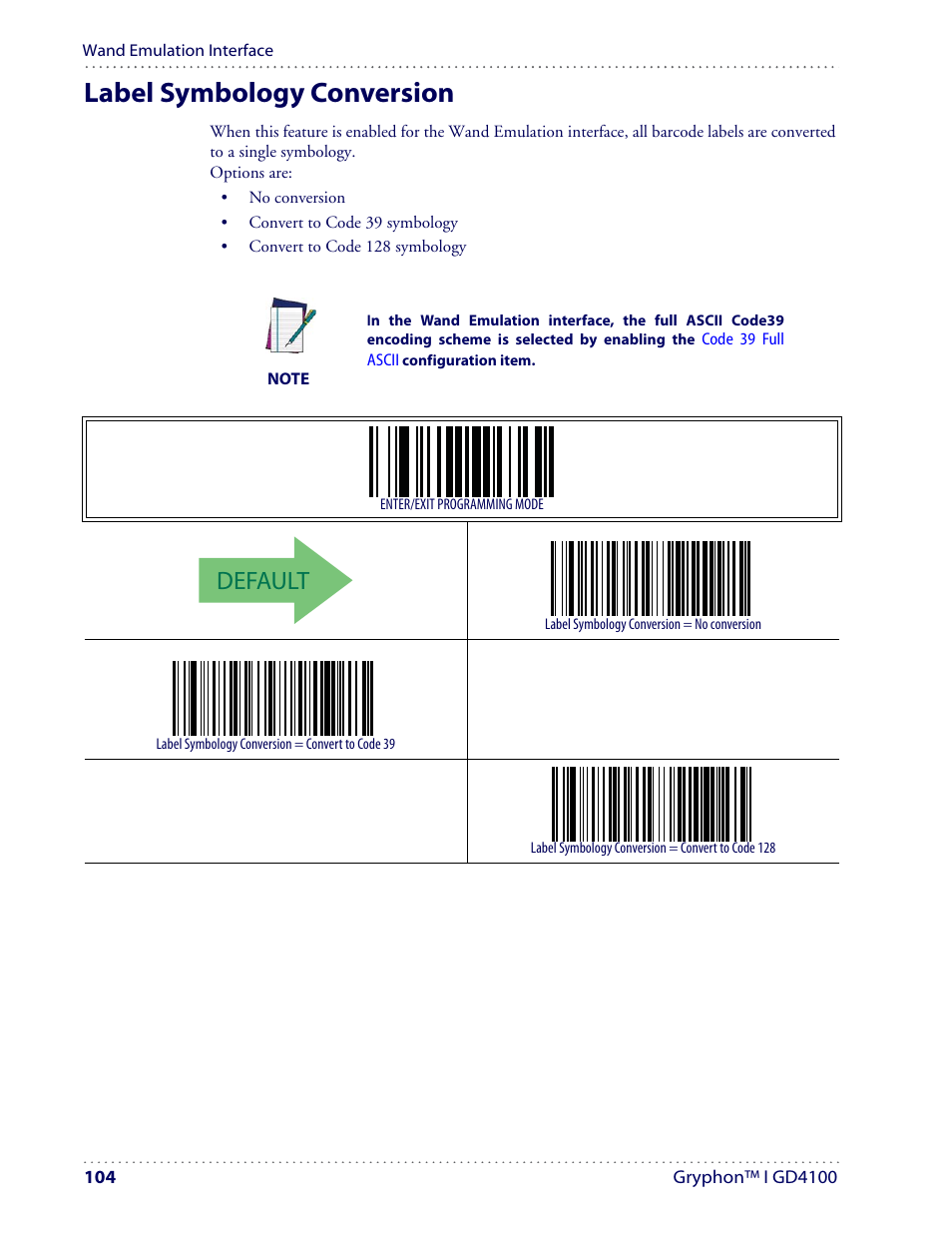 Label symbology conversion, Default | Datalogic Scanning I GD4100 User Manual | Page 106 / 324