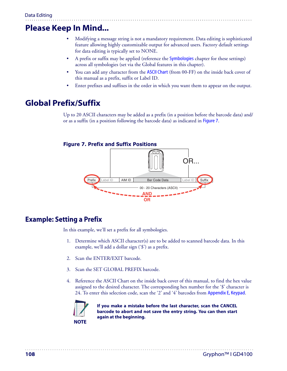 Please keep in mind, Global prefix/suffix, Example: setting a prefix | Datalogic Scanning I GD4100 User Manual | Page 110 / 324