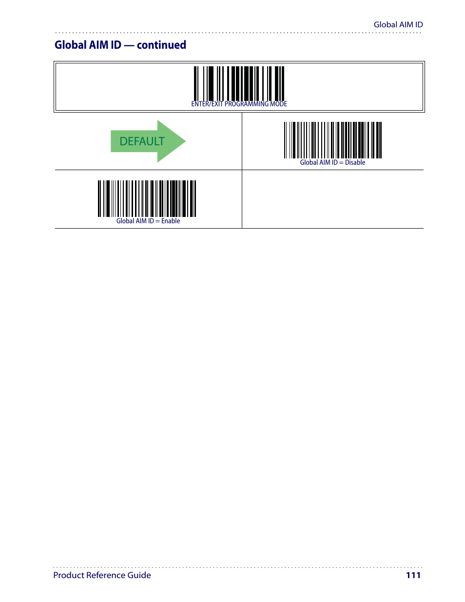 Default, Global aim id — continued | Datalogic Scanning I GD4100 User Manual | Page 113 / 324