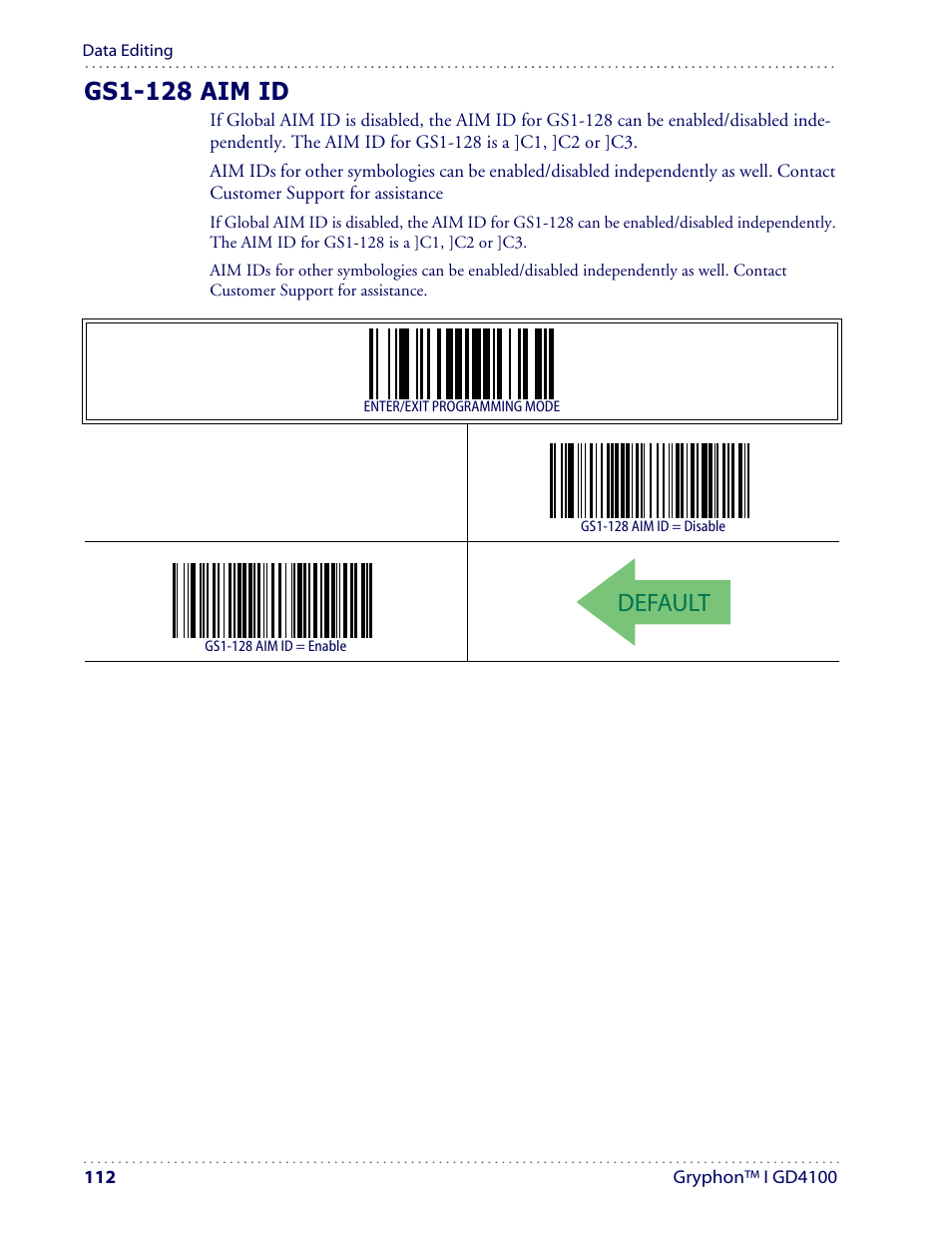 Default, Gs1-128 aim id | Datalogic Scanning I GD4100 User Manual | Page 114 / 324