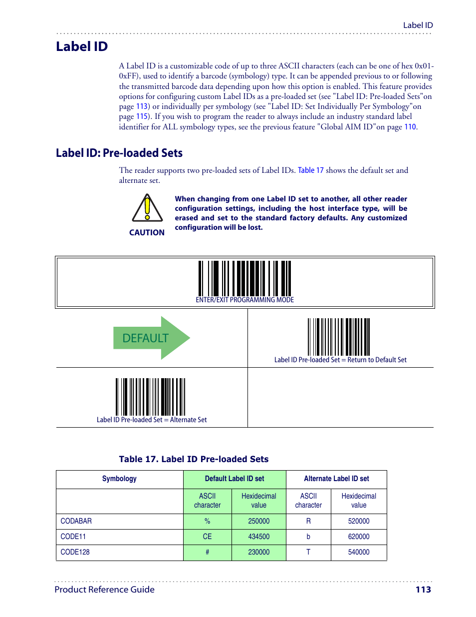 Label id, Default, Label id: pre-loaded sets | Datalogic Scanning I GD4100 User Manual | Page 115 / 324