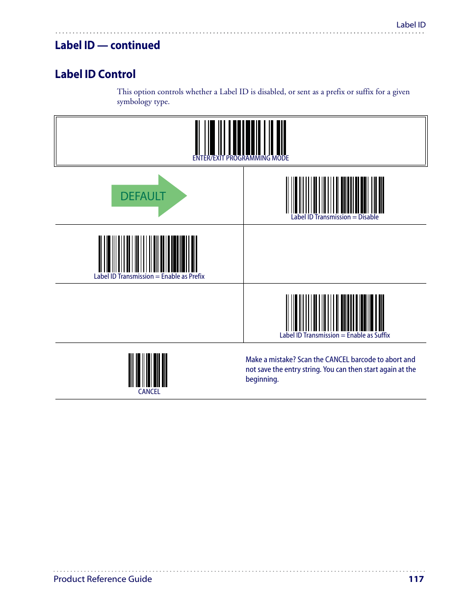 Default, Label id — continued label id control | Datalogic Scanning I GD4100 User Manual | Page 119 / 324