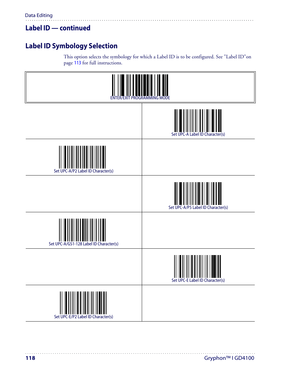 Label id — continued label id symbology selection | Datalogic Scanning I GD4100 User Manual | Page 120 / 324