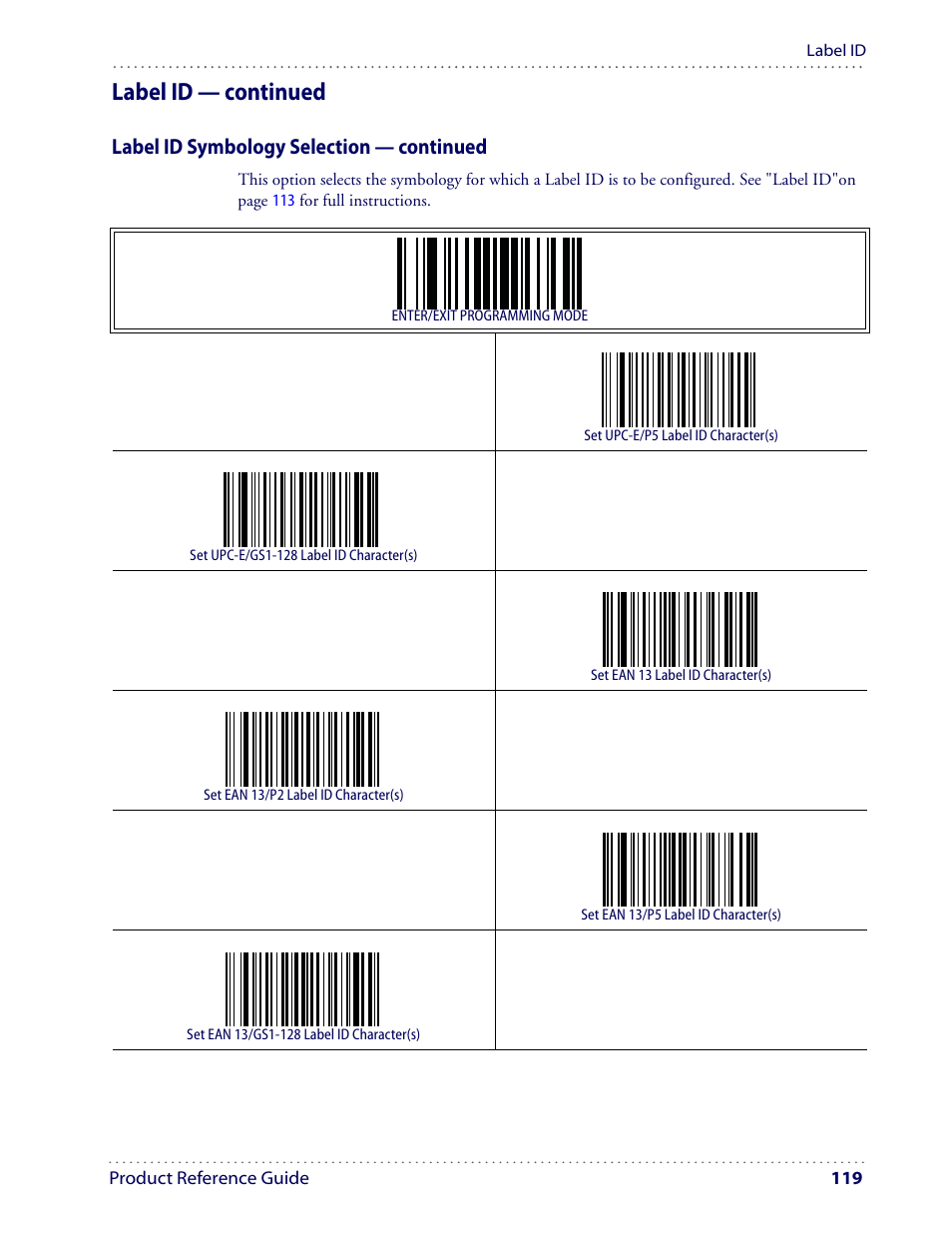 Label id — continued, Label id symbology selection — continued | Datalogic Scanning I GD4100 User Manual | Page 121 / 324