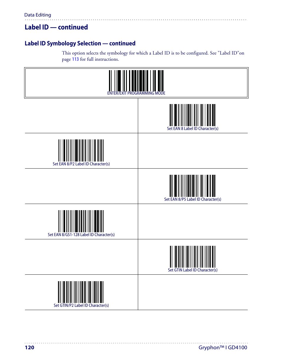 Label id — continued, Label id symbology selection — continued | Datalogic Scanning I GD4100 User Manual | Page 122 / 324