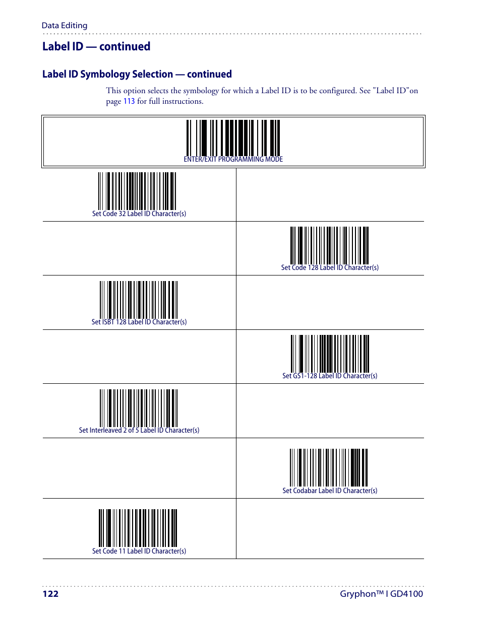 Label id — continued, Label id symbology selection — continued | Datalogic Scanning I GD4100 User Manual | Page 124 / 324