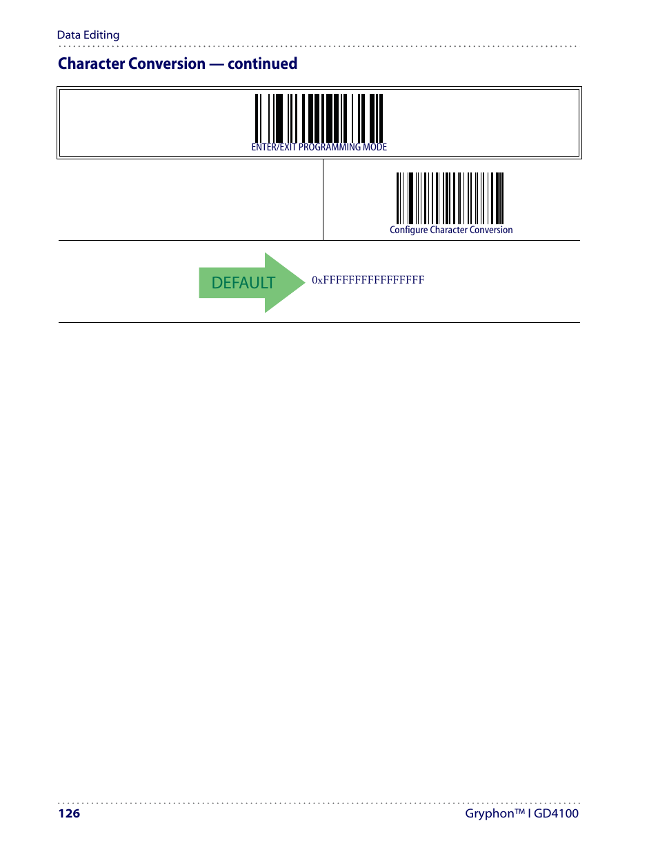 Default, Character conversion — continued | Datalogic Scanning I GD4100 User Manual | Page 128 / 324