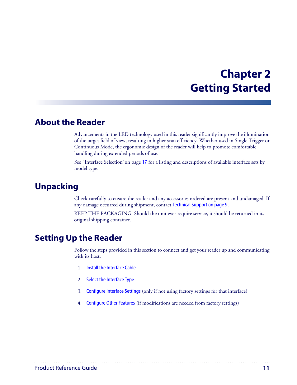 Chapter 2 getting started, About the reader, Unpacking | Setting up the reader | Datalogic Scanning I GD4100 User Manual | Page 13 / 324