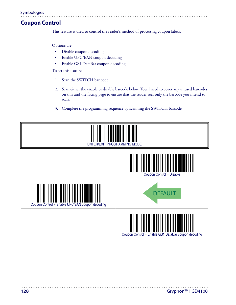 Default, Coupon control | Datalogic Scanning I GD4100 User Manual | Page 130 / 324