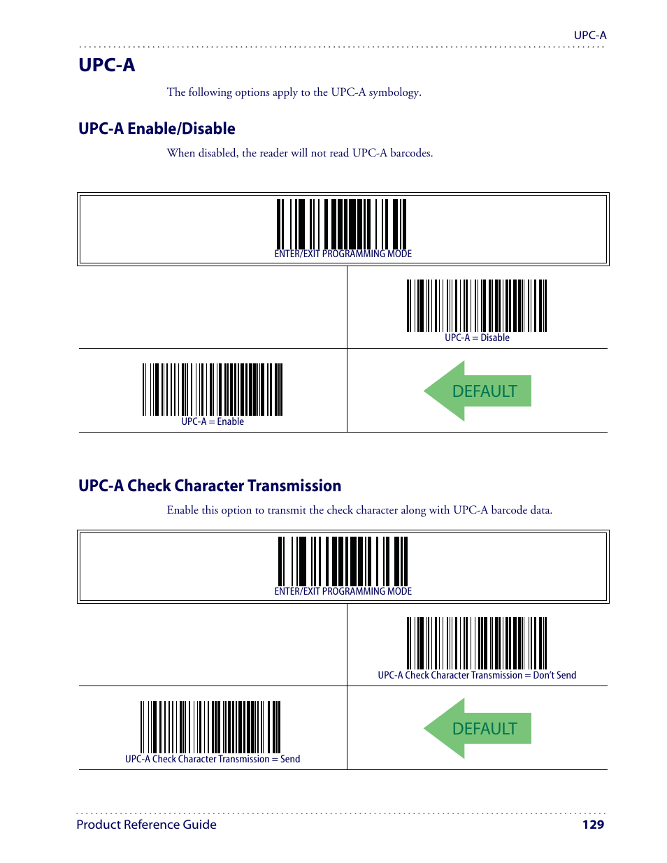 Upc-a, Default, Upc-a enable/disable | Upc-a check character transmission | Datalogic Scanning I GD4100 User Manual | Page 131 / 324