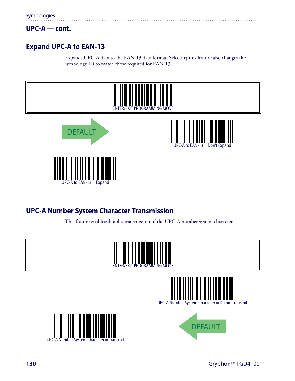 Default, Upc-a — cont. expand upc-a to ean-13, Upc-a number system character transmission | Datalogic Scanning I GD4100 User Manual | Page 132 / 324