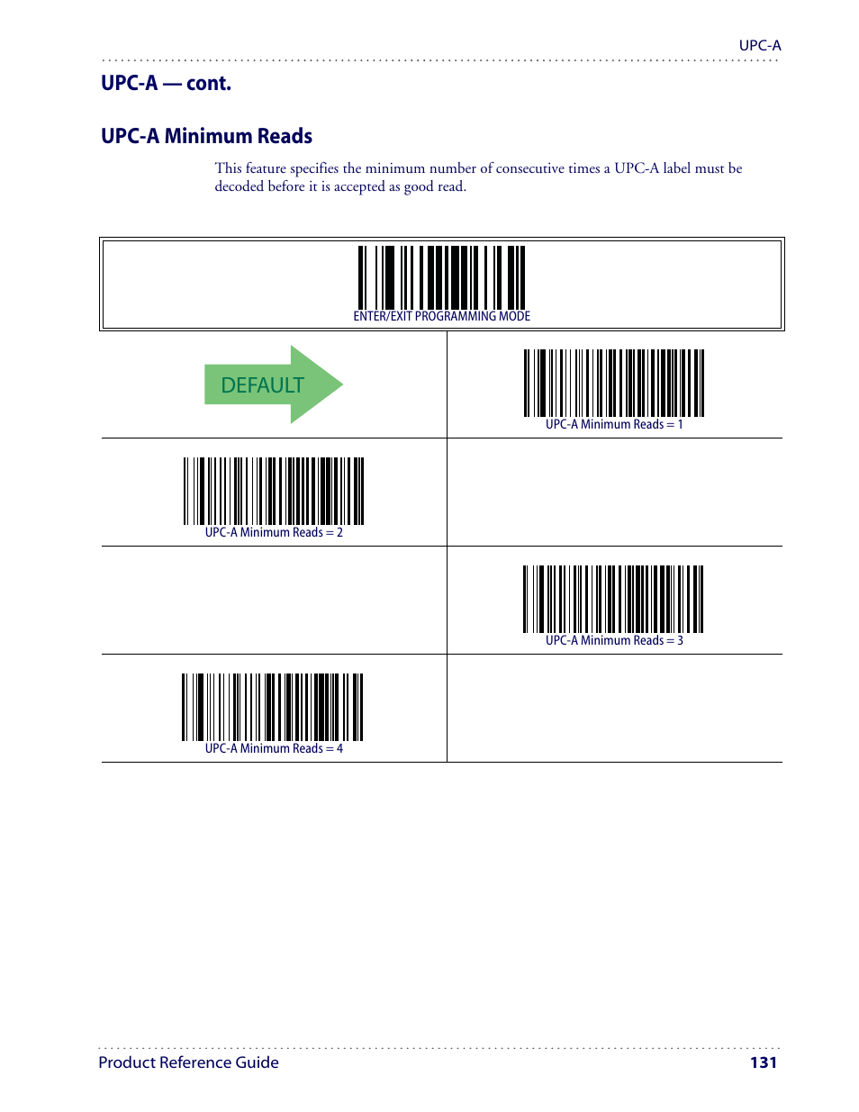 Default, Upc-a — cont. upc-a minimum reads | Datalogic Scanning I GD4100 User Manual | Page 133 / 324