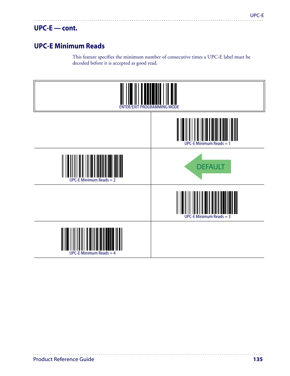 Default, Upc-e — cont. upc-e minimum reads | Datalogic Scanning I GD4100 User Manual | Page 137 / 324