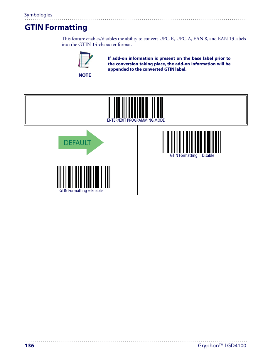 Gtin formatting, Default | Datalogic Scanning I GD4100 User Manual | Page 138 / 324