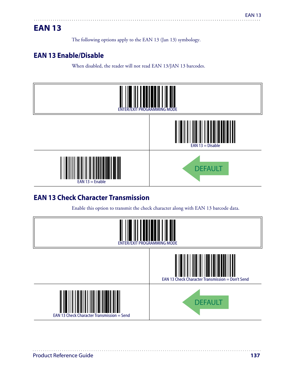 Ean 13, Default, Ean 13 enable/disable | Ean 13 check character transmission | Datalogic Scanning I GD4100 User Manual | Page 139 / 324