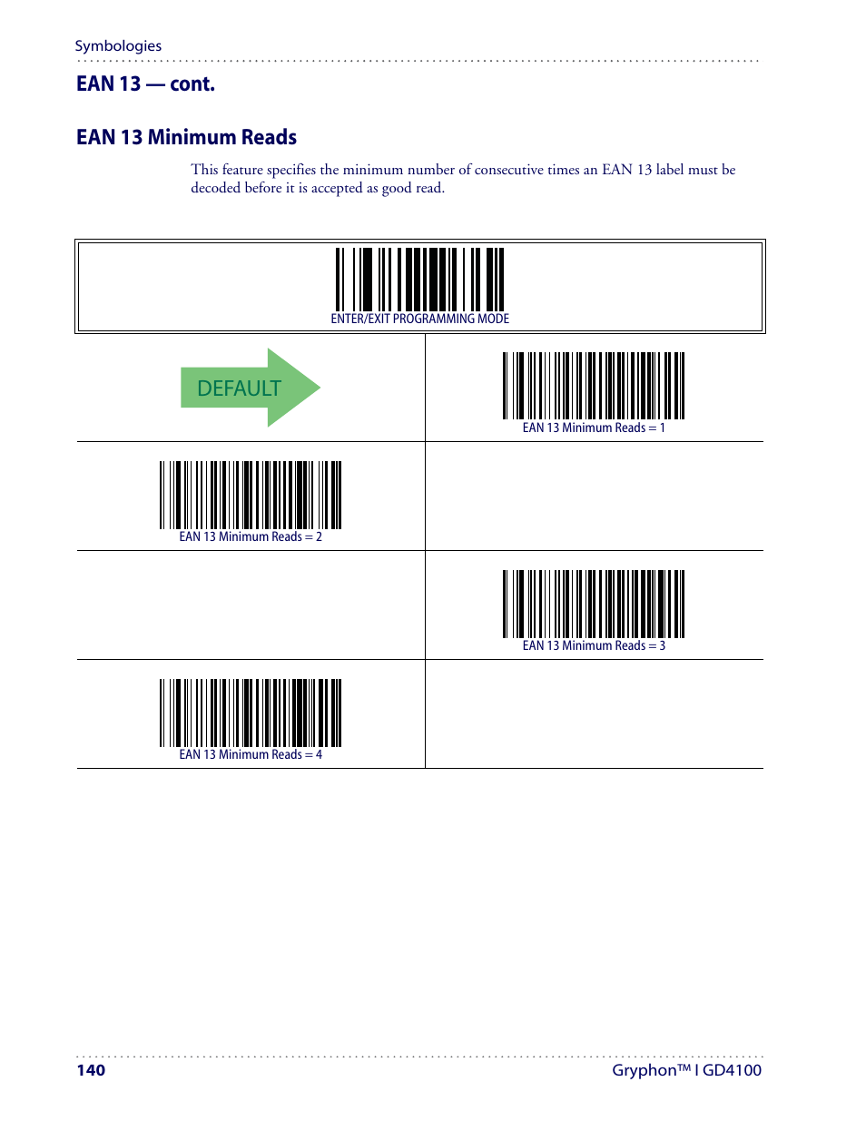 Default, Ean 13 — cont. ean 13 minimum reads | Datalogic Scanning I GD4100 User Manual | Page 142 / 324