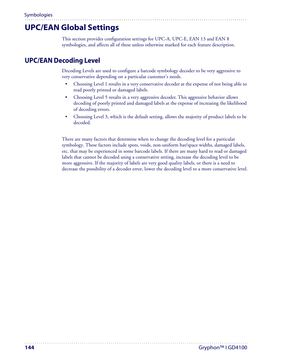 Upc/ean global settings, Upc/ean decoding level | Datalogic Scanning I GD4100 User Manual | Page 146 / 324