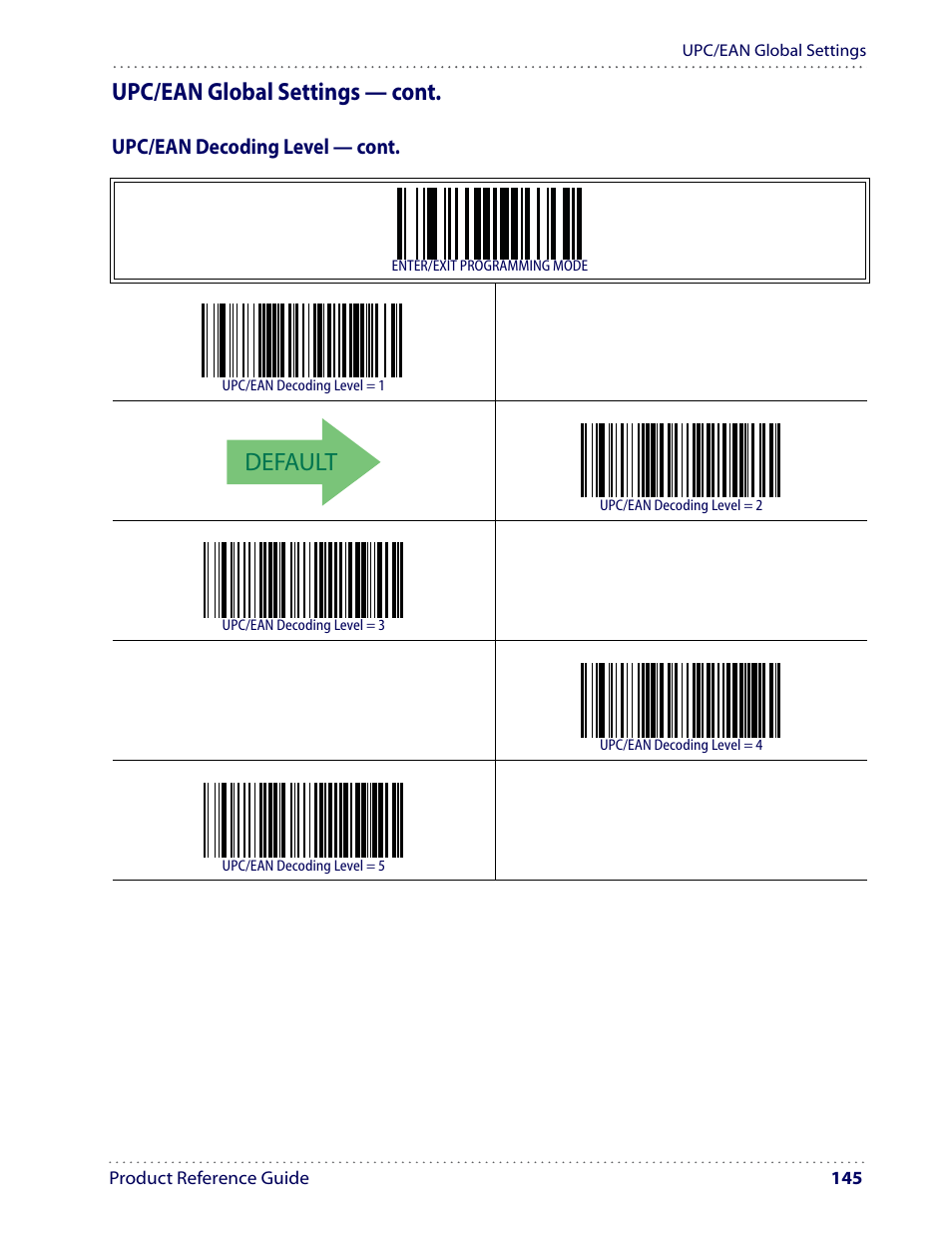 Default, Upc/ean global settings — cont | Datalogic Scanning I GD4100 User Manual | Page 147 / 324