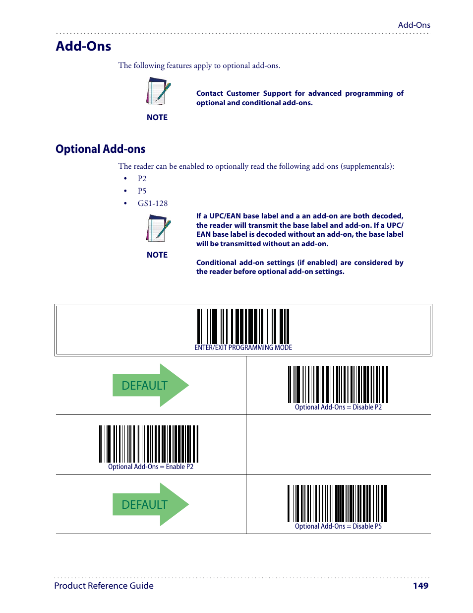 Add-ons, Default, Optional add-ons | Datalogic Scanning I GD4100 User Manual | Page 151 / 324