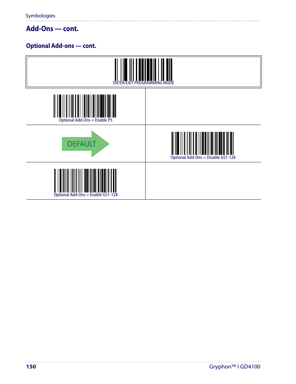 Default, Add-ons — cont | Datalogic Scanning I GD4100 User Manual | Page 152 / 324