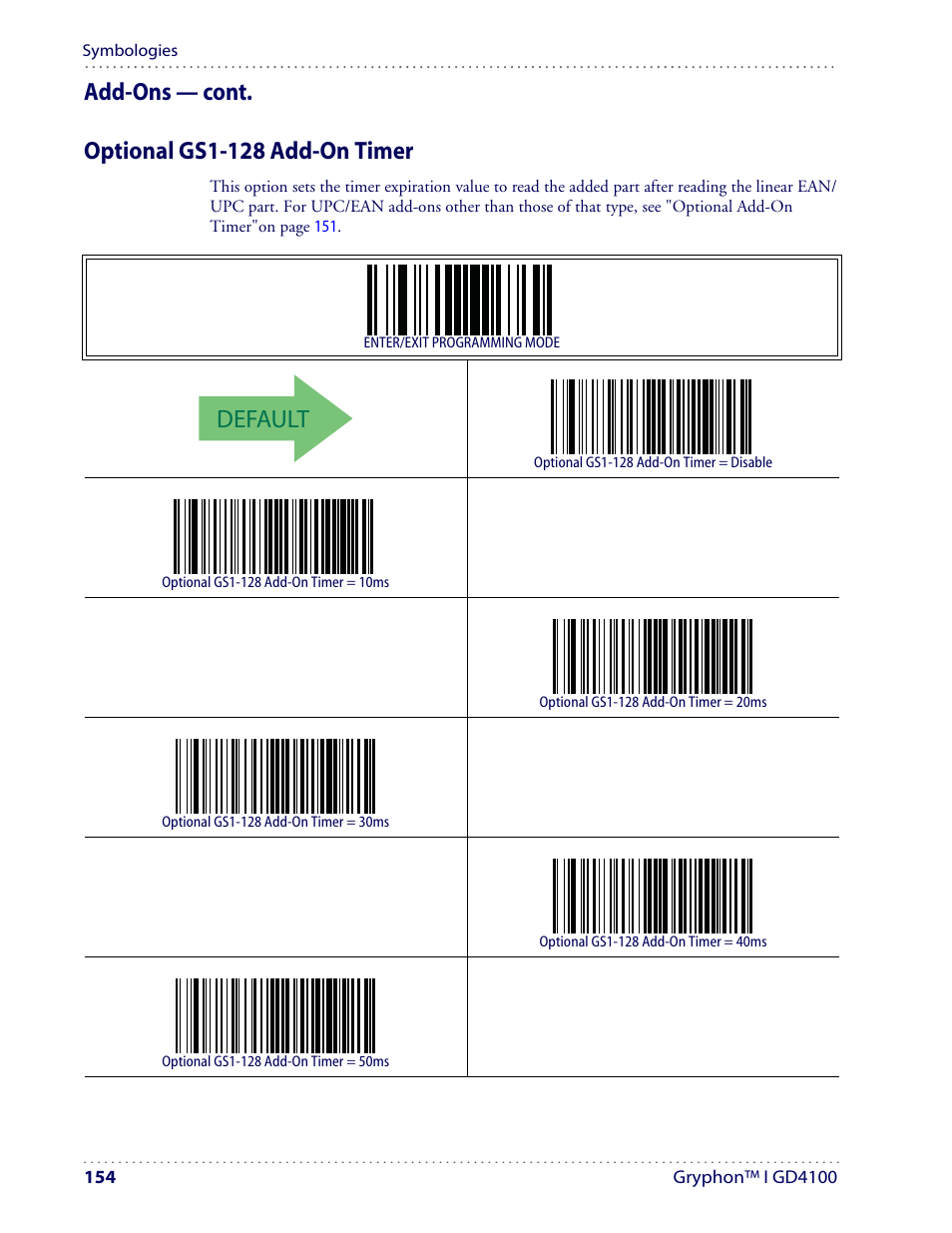 Default, Add-ons — cont. optional gs1-128 add-on timer | Datalogic Scanning I GD4100 User Manual | Page 156 / 324