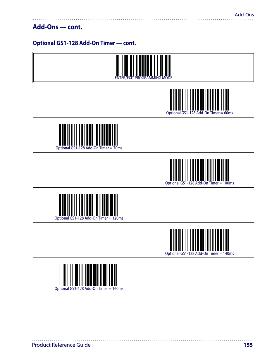 Add-ons — cont, Optional gs1-128 add-on timer — cont | Datalogic Scanning I GD4100 User Manual | Page 157 / 324