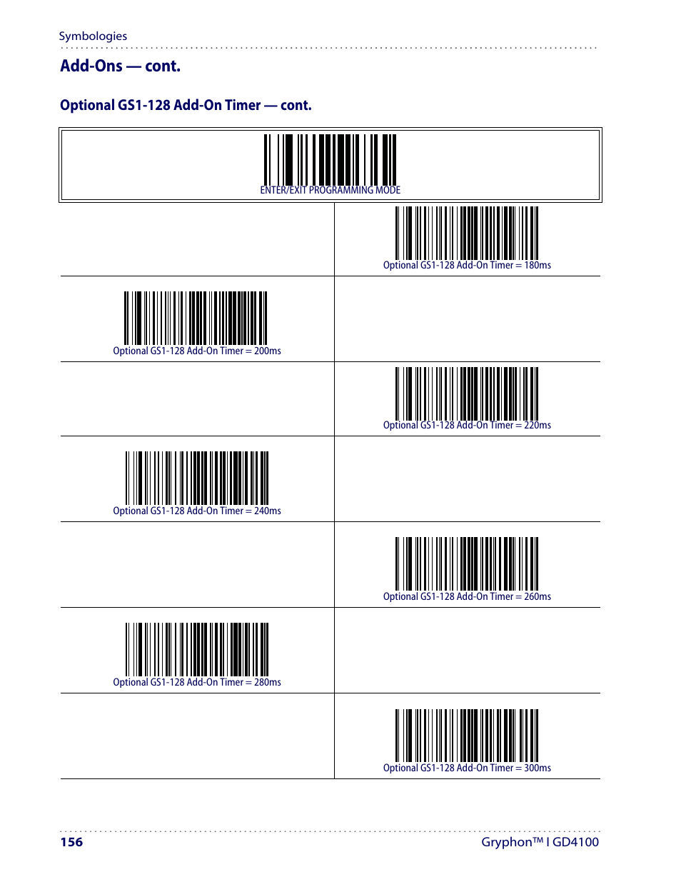 Add-ons — cont, Optional gs1-128 add-on timer — cont | Datalogic Scanning I GD4100 User Manual | Page 158 / 324