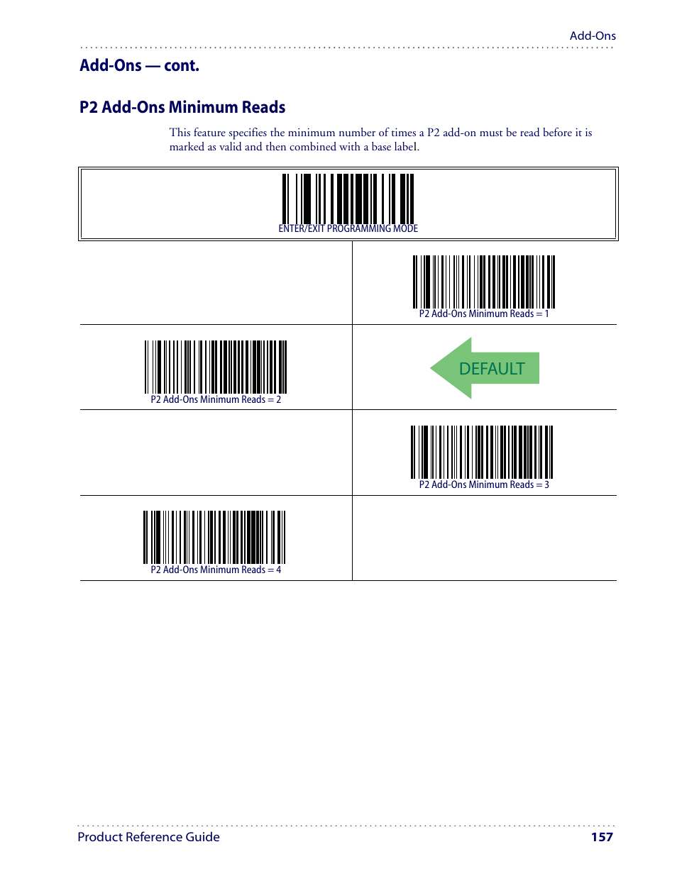 Default, Add-ons — cont. p2 add-ons minimum reads | Datalogic Scanning I GD4100 User Manual | Page 159 / 324