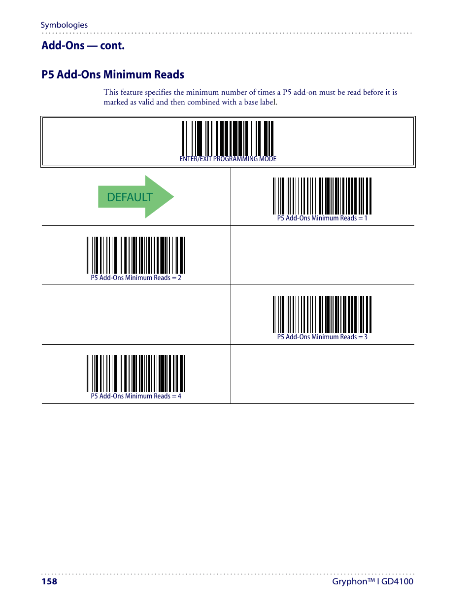 Default, Add-ons — cont. p5 add-ons minimum reads | Datalogic Scanning I GD4100 User Manual | Page 160 / 324