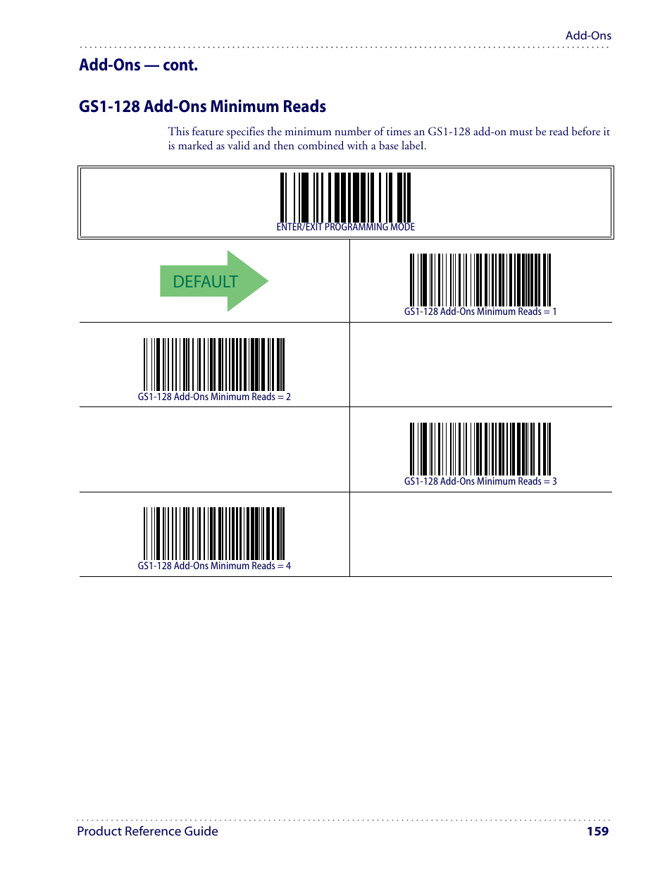 Default, Add-ons — cont. gs1-128 add-ons minimum reads | Datalogic Scanning I GD4100 User Manual | Page 161 / 324