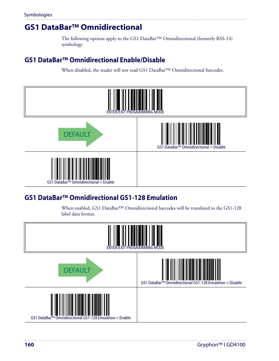 Gs1 databar™ omnidirectional, Default, Gs1 databar™ omnidirectional enable/disable | Datalogic Scanning I GD4100 User Manual | Page 162 / 324