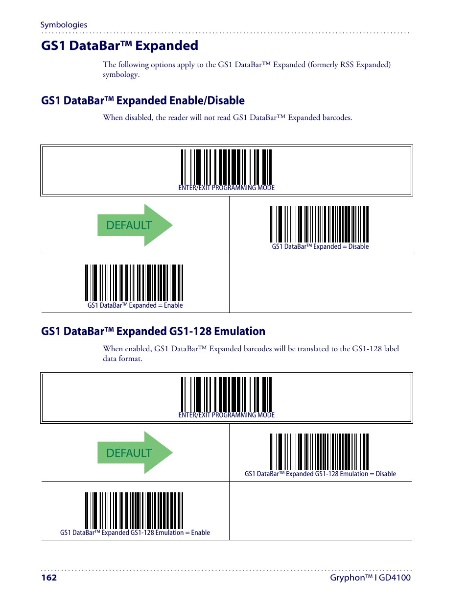 Gs1 databar™ expanded, Default, Gs1 databar™ expanded enable/disable | Datalogic Scanning I GD4100 User Manual | Page 164 / 324