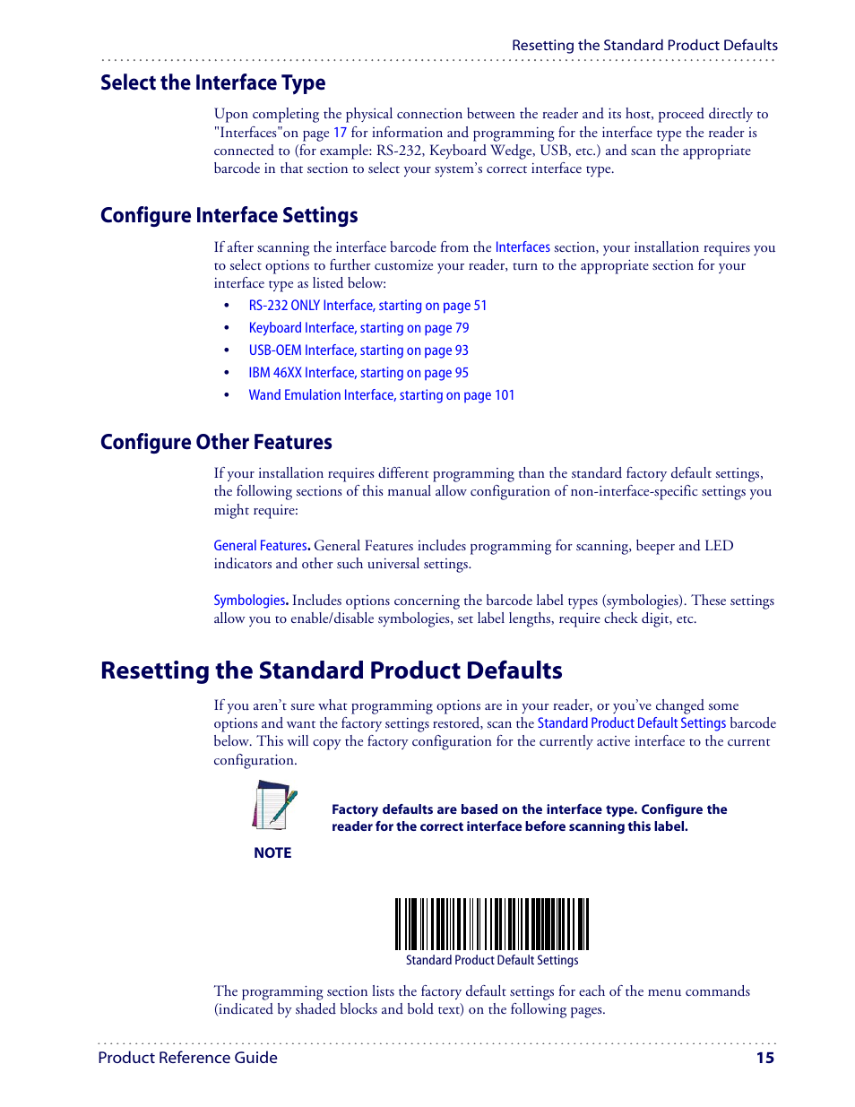 Resetting the standard product defaults, Select the interface type, Configure interface settings | Configure other features | Datalogic Scanning I GD4100 User Manual | Page 17 / 324