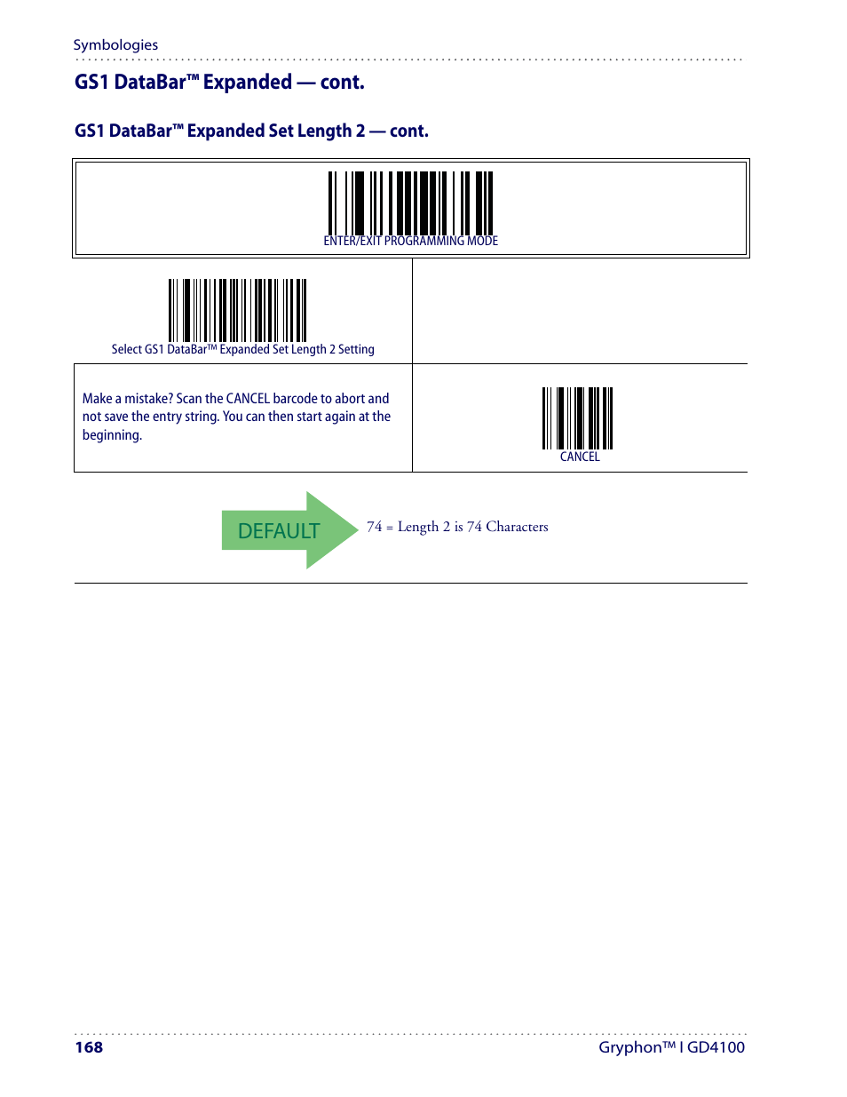 Default, Gs1 databar™ expanded — cont | Datalogic Scanning I GD4100 User Manual | Page 170 / 324