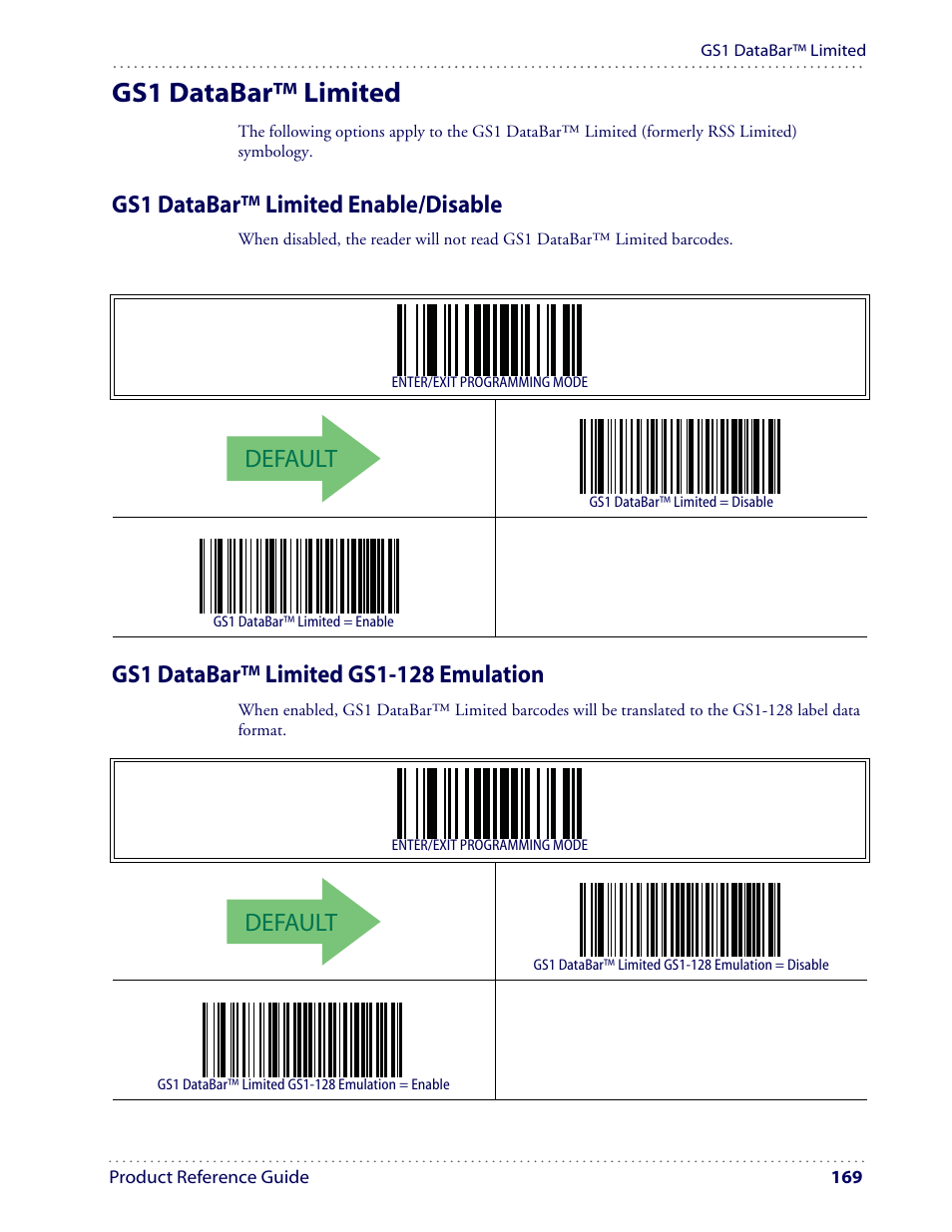 Gs1 databar™ limited, Default, Gs1 databar™ limited enable/disable | Datalogic Scanning I GD4100 User Manual | Page 171 / 324