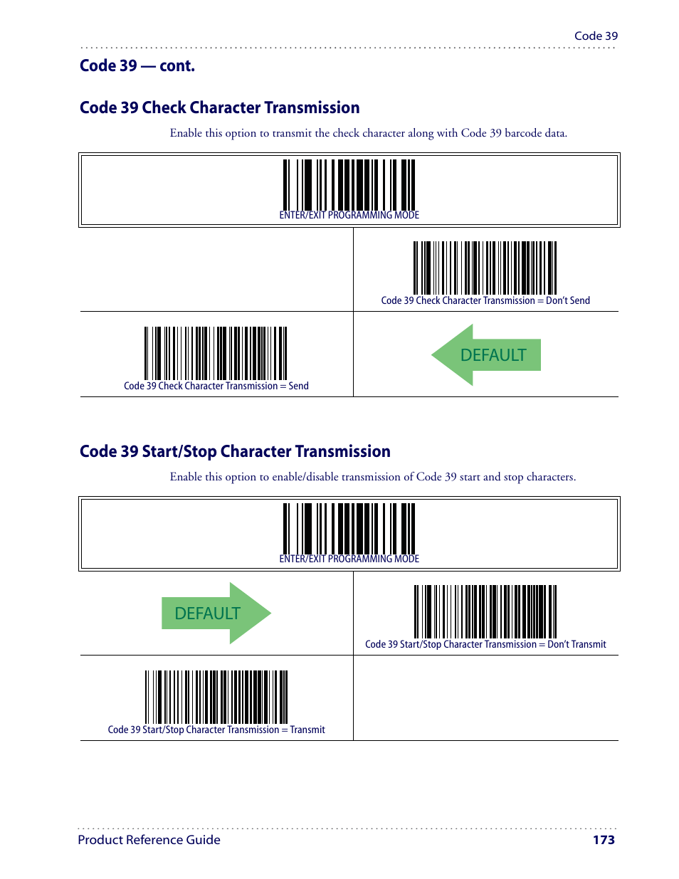 Default, Code 39 start/stop character transmission | Datalogic Scanning I GD4100 User Manual | Page 175 / 324